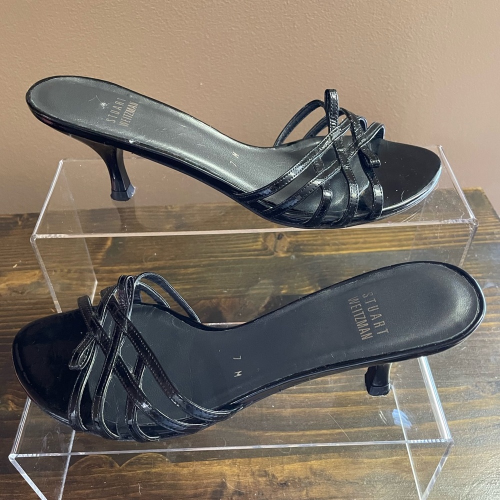 Stuart Weitzman Black Strappy Kitten Heel Mules
